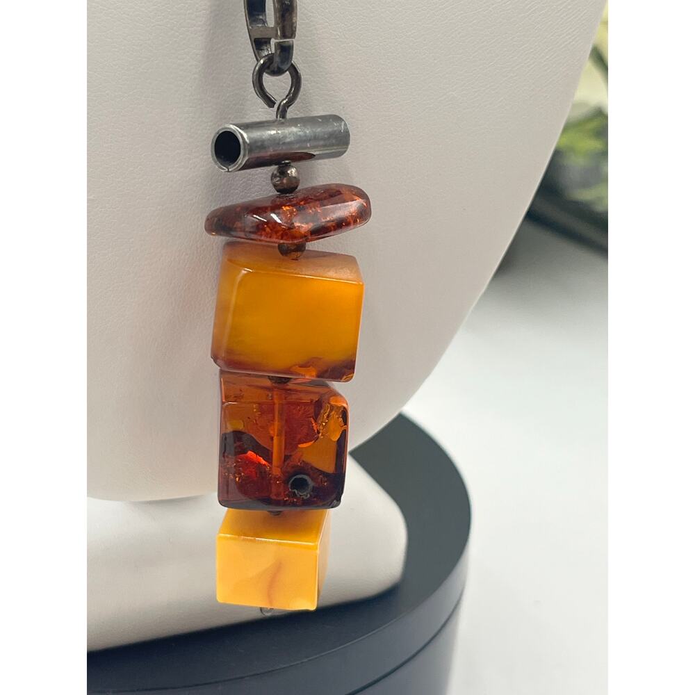 Sterling Silver Vintage Cube Modernist Triple Amber Pendant Black Chord Necklace - Picture 16 of 16